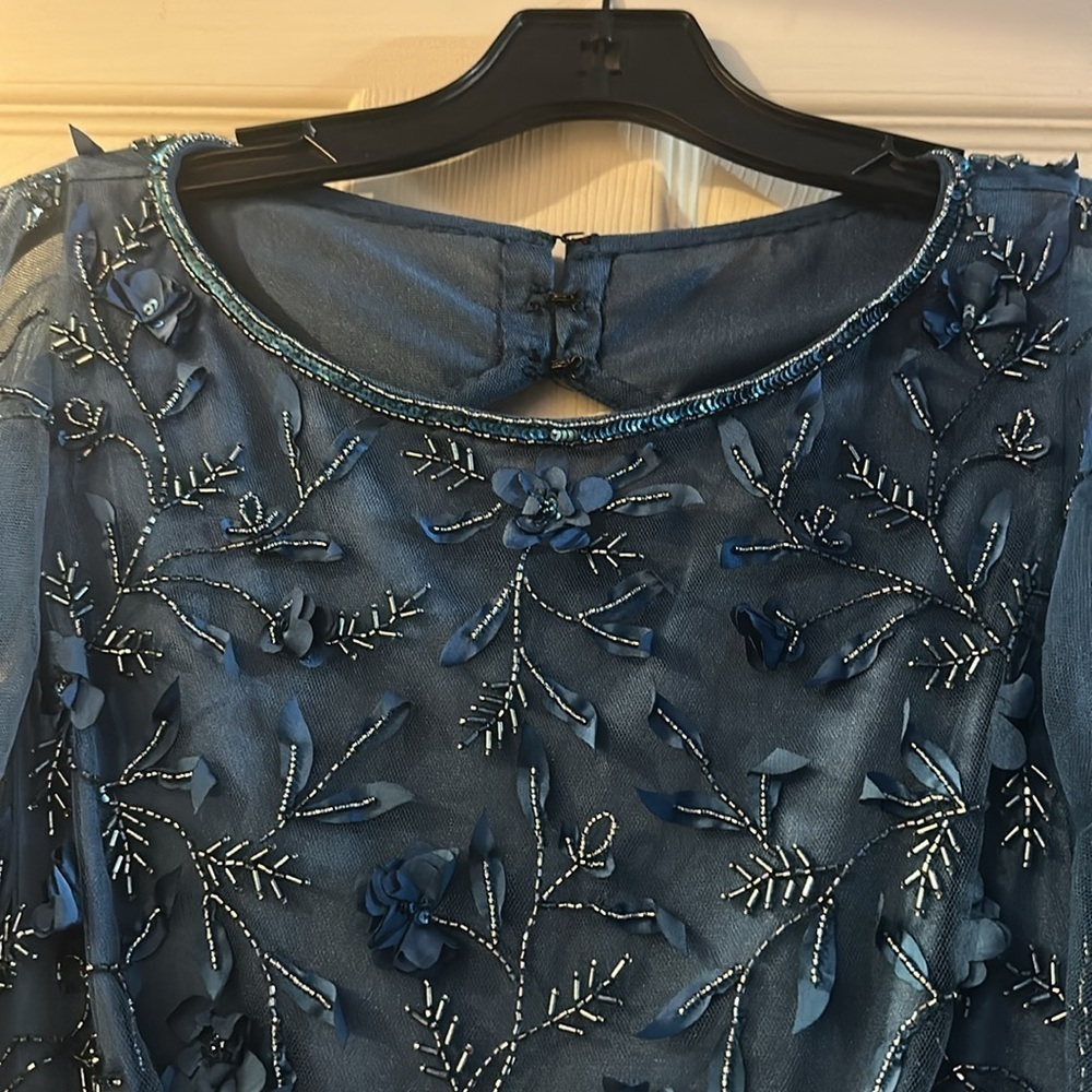Theia Couture Elegant Blue Embroidered and Beaded Dress - Sample Size 2 - Picture 5 of 15